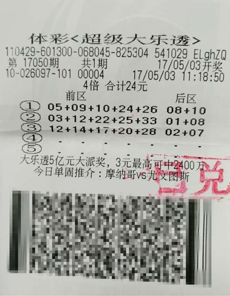 大乐透第17050期4倍中奖票样