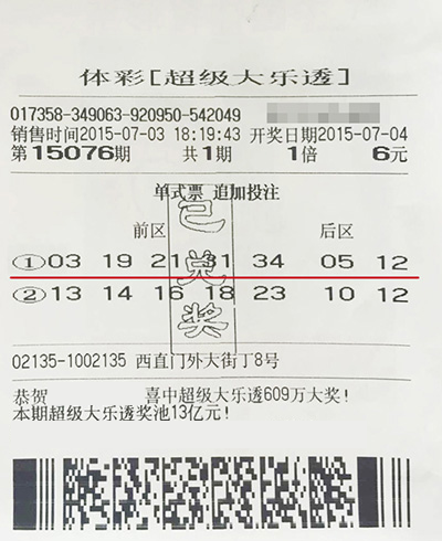 大乐透第2015076期单式1倍投注中奖票样