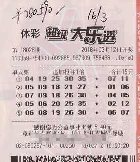 大乐透第18028期追加投注中奖票样 大乐透第18028期追加投注中奖票样