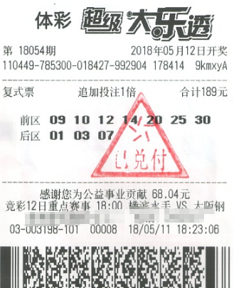 大乐透第18054期复式追加投注中奖票样