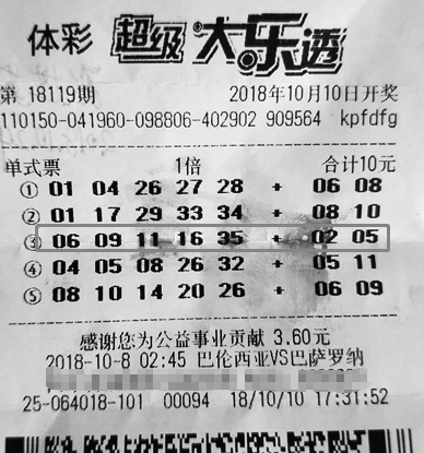 大乐透第18119期单式中奖票样
