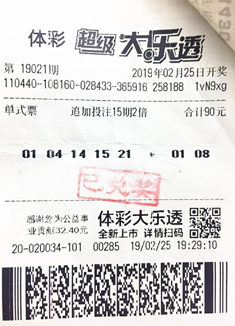 体彩大乐透第19021期中奖票样