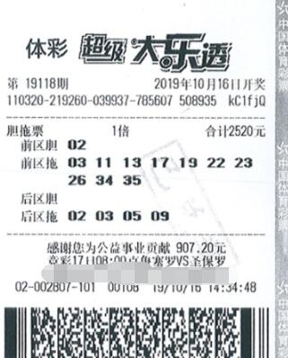 体彩大乐透第19118期中奖票样