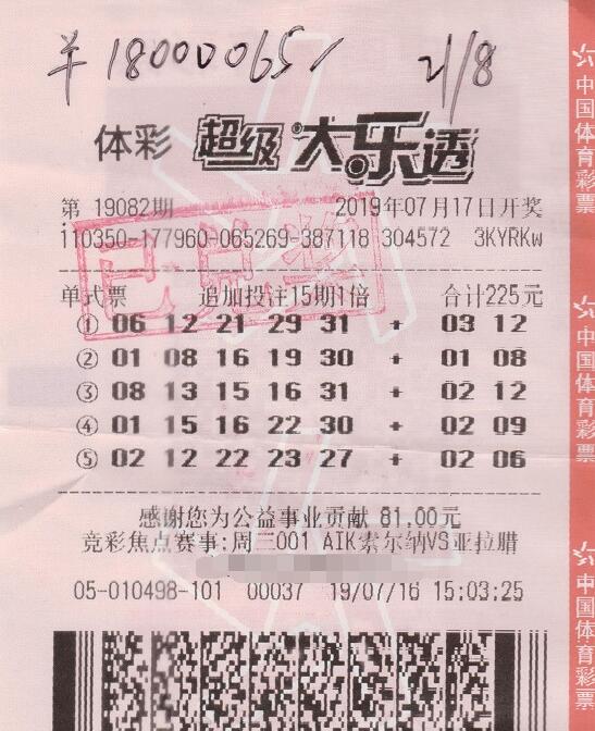 体彩大乐透第19082期中奖票样