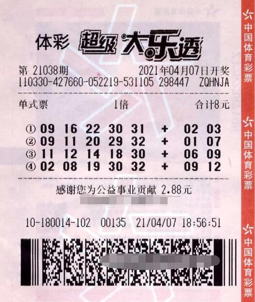 体彩大乐透第2021038期中奖票样