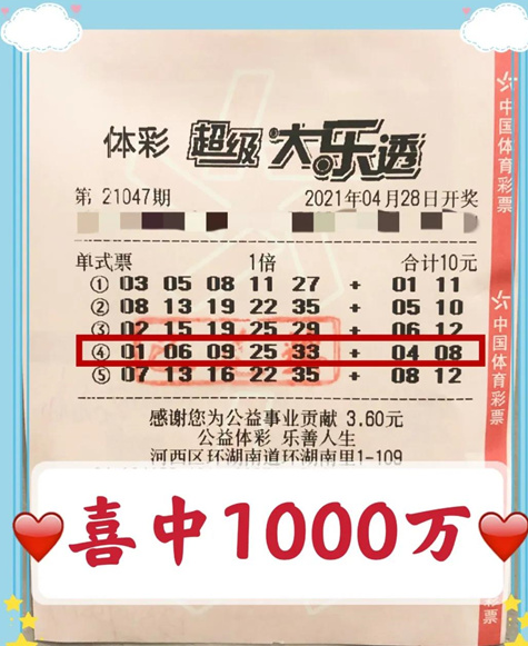 体彩大乐透第21047期中奖票样