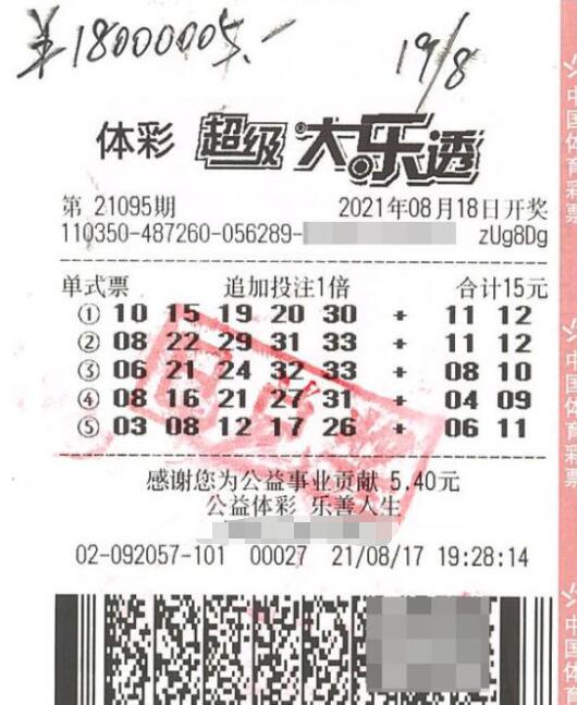 机选选中幸运号后守号五年，福建彩民斩获大乐透奖1800万元