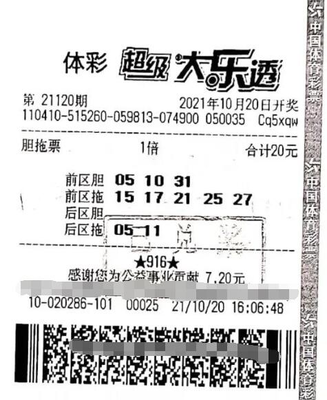 体彩大乐透第2021120期中奖票样 体彩大乐透第2021120期中奖票样
