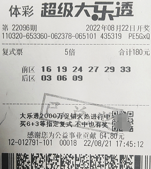大乐透第2022096期中奖票样 大乐透第2022096期中奖票样