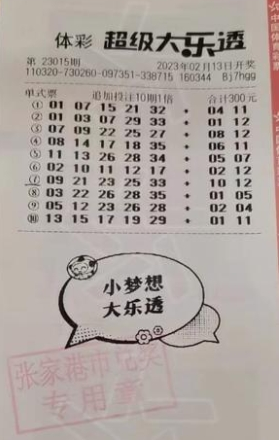 大乐透第2023015期中奖票样