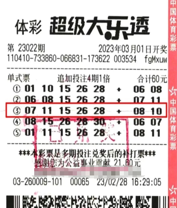 大乐透第2023022期中奖票样