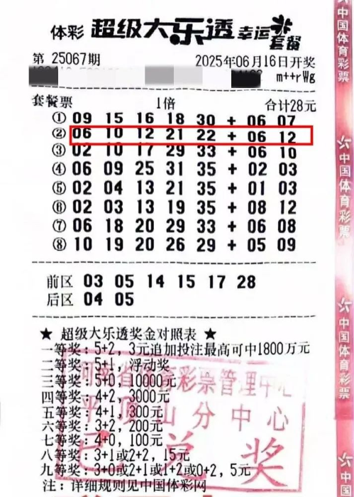 体彩大乐透第25067期中奖票样