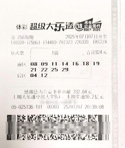 体彩大乐透第25076期中奖票样