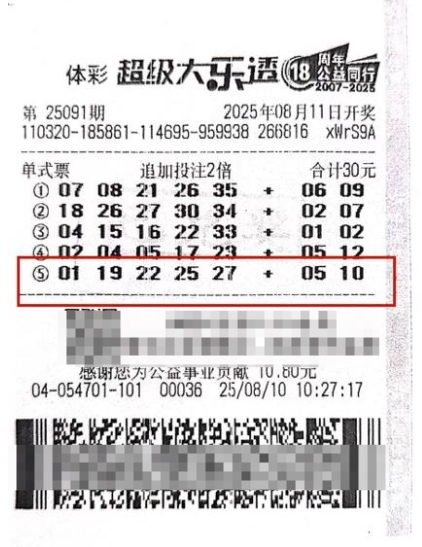 体彩大乐透第25091期中奖票样
