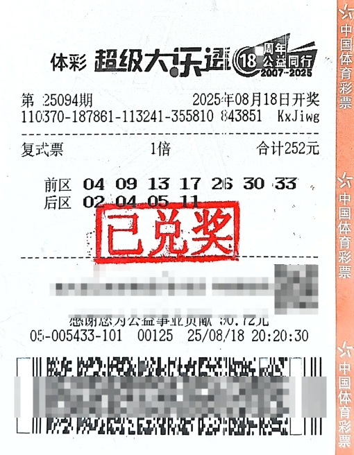 体彩大乐透第25094期中奖票样
