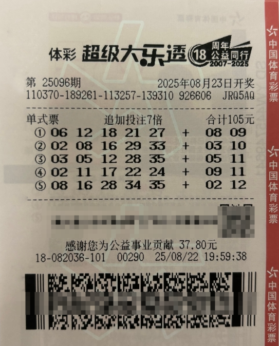 体彩大乐透第25096期中奖票样