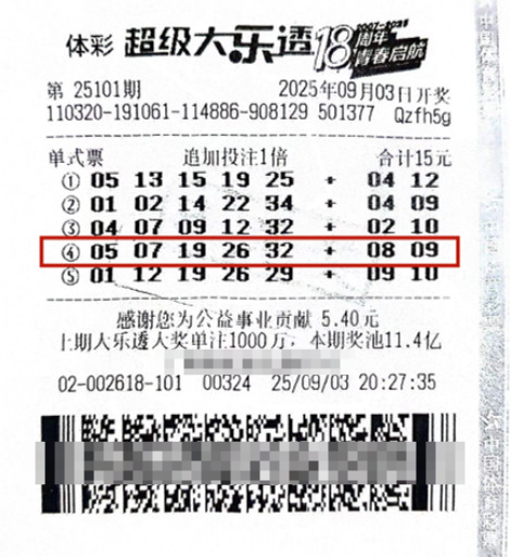 体彩大乐透第25101期中奖票样