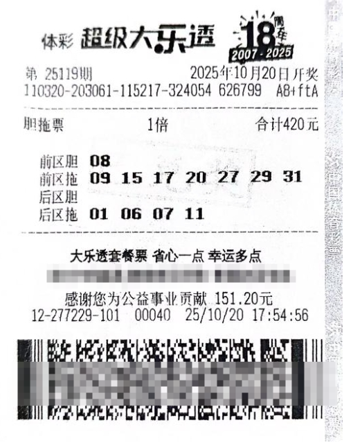 体彩大乐透第25119期中奖票样 体彩大乐透第25119期中奖票样
