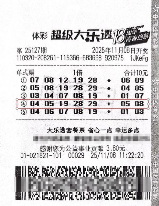 体彩大乐透第25127期中奖票样 体彩大乐透第25127期中奖票样