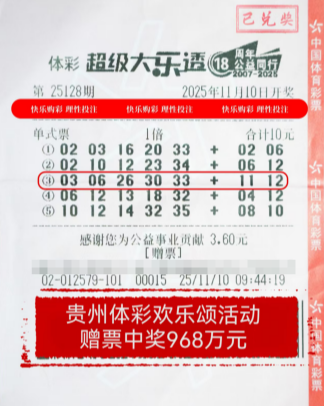 体彩大乐透第25128期中奖票样