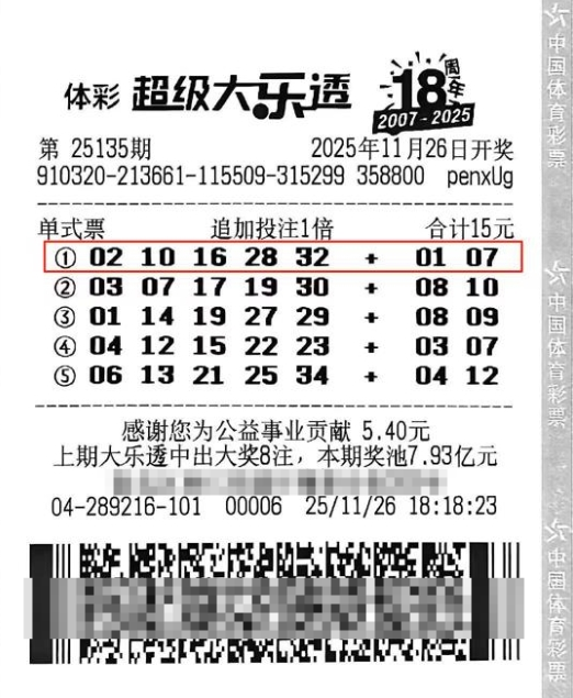 体彩大乐透第25135期中奖票样 体彩大乐透第25135期中奖票样