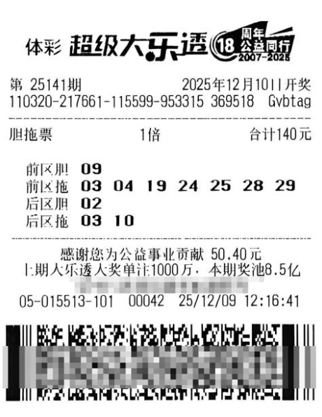 体彩大乐透第25141期中奖票样
