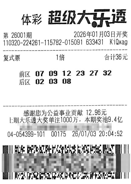 体彩大乐透第26001期中奖票样