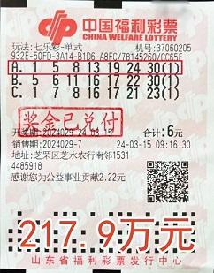 男子6元自选中七乐彩217.9万 中奖号码源于父子情