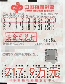 山东男子6元自选中七乐彩217.9万 中奖号码源于父子情