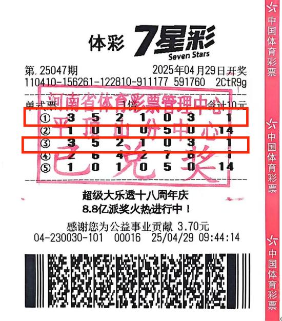 　　4月29日，7星彩第25047期开出号码“3、5、2、1、0、3+12”，平顶山市鲁山县4104230030体彩实体店购彩者李先生（化名），中得2注二等奖，奖金12万余元！  　　4月30日上午，李先生来到河南体彩平顶山分中心兑奖，他坦然地表示：“买彩票多年，第一次中这么大的奖。我是老彩民，每天不忙的时候就喜欢在彩票店里研究数字组合，一号之差中得2注二等奖，确实也有点意外了。不过我也早调整好了心态，中奖是意外之喜，不中也是为公益出力。”  　　李先生与体育彩票的缘分始于多年前。那时他刚退休，每天的日子重复且无趣，正好一天闲逛时路过一家彩票店，门口的公益金海报吸引了他。“原来买彩票还能做公益。”在与销售员的攀谈中，李先生了解到体育彩票会将公益金用于全民健身、奥运争光、社会保障等多个领域。自此，李先生与体彩结缘了，购彩也成了他的生活习惯。  　　兑奖后，李先生表示会多关注社会上的公益活动，继续支持体育彩票公益事业。