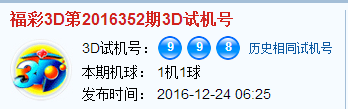 3d第2016352期试机号后北斗星预测分析 