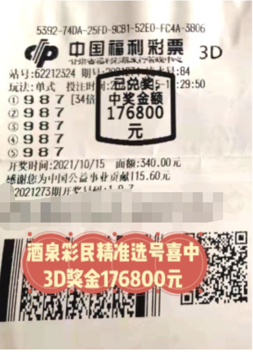 甘肃酒泉彩民斩获3d奖金176800元