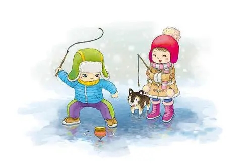 孩子们在雪地里抽冰猴玩