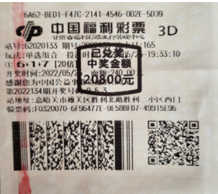 3D游戏第2022136期中奖票样
