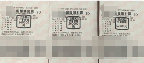 福彩3D游戏第2022262期中奖票样
