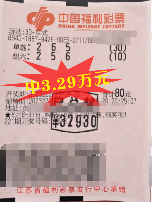 江苏盐城彩友单选、组选倍投“3D”喜获奖金3.29万元