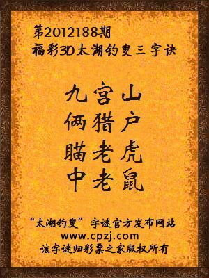 福彩3D第12188期太湖钓叟字谜：九宫山，俩猎户，瞄老虎，中老鼠