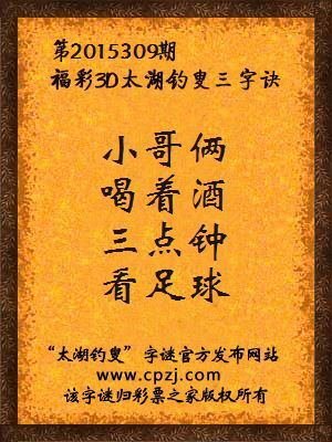 3D第2015309期太湖字谜：小哥俩，喝着酒，三点钟，看足球
