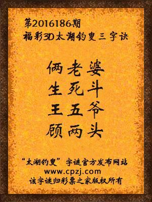 3d第2016186期太湖钓叟字谜：俩老婆，生死斗，王五爷，顾两头