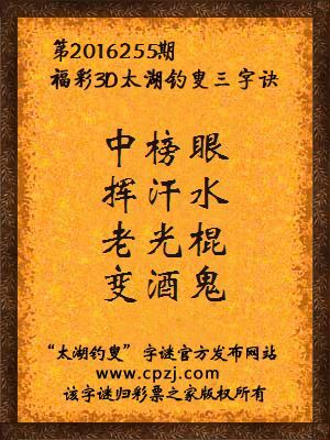 3d第2016255期太湖钓叟字谜：中榜眼，挥汗水，老光棍，变酒鬼