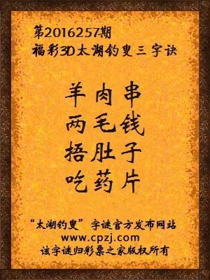 3d第2016257期太湖钓叟字谜：羊肉串，两毛钱，捂肚子，吃药片