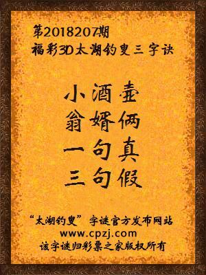 3d第2018207期太湖钓叟字谜：小酒壶，翁婿俩，一句真，三句假