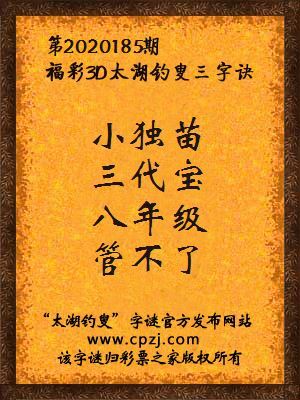 3d第2020185期太湖钓叟字谜：小独苗，三代宝，八年级，管不了