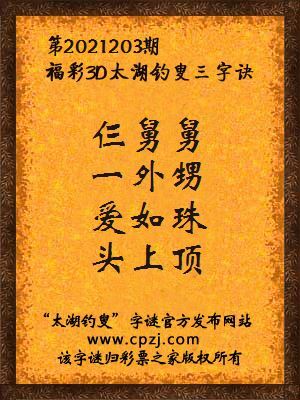 3d第2021203期太湖钓叟字谜:仨舅舅,一外甥,爱如珠,头上顶