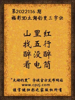 3d第2022116期太湖钓叟字谜:山里红,找五行,醉没醉,看电筒