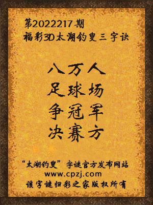 3d第2022217期太湖钓叟字谜:八万人,足球场,争冠军,决赛方