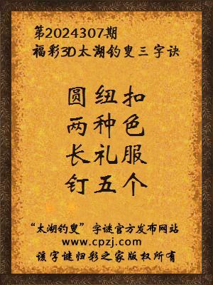 3d第2024307期太湖钓叟字谜:圆纽扣,两种色,长礼服,钉五个