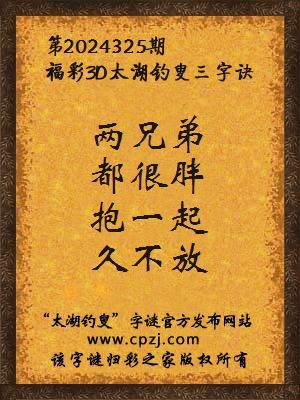 3d第2024325期太湖钓叟字谜：两兄弟，都很胖，抱一起，久不放