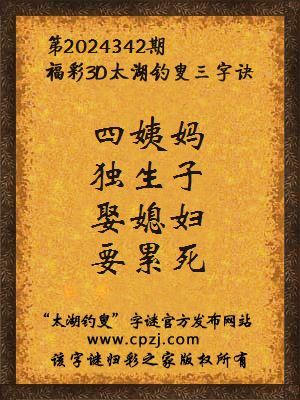 3d第2024342期太湖钓叟字谜：四姨妈，独生子，娶媳妇，要累死