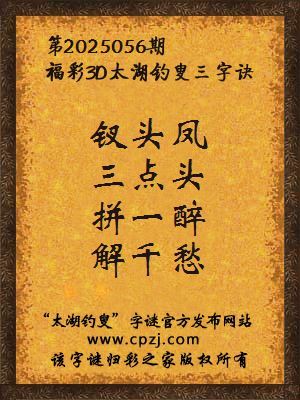 3d第2025056期太湖钓叟字谜：钗头凤，三点头，拼一醉，解千愁